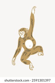 Illustration of a monkey swinging. The monkey is depicted in a stylized, cartoonish manner, with a focus on movement and playfulness. Simple, playful monkey art. Vector illustration.