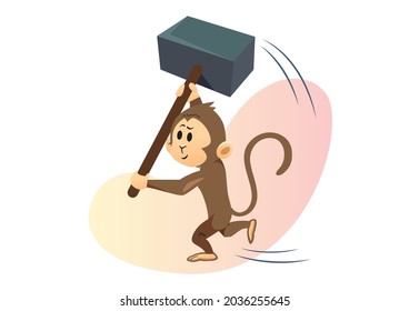 Illustration of a monkey swinging a hammer. Vector flat illustration