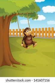 Illustration of a monkey swinging on a tree