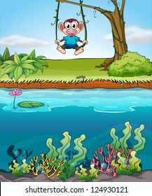 Illustration of a monkey swining near the pond