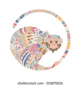 illustration of a monkey, a symbol of New Year 2016. head of an animal, with ethnic motifs. Sketch of tattoo print on a T-shirt or a greeting card.