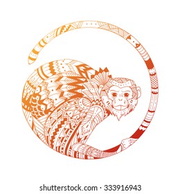 illustration of a monkey, a symbol of New Year 2016. head of an animal, with ethnic motifs. Sketch of tattoo print on a T-shirt or a greeting card.