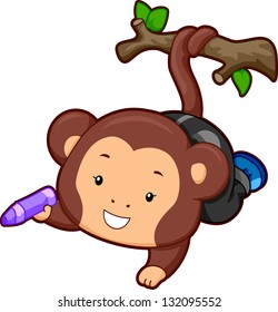 Illustration of a Monkey with its tail coiled on a branch holding a crayon