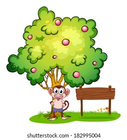 Illustration of a monkey under the tree beside the empty wooden board on a white background