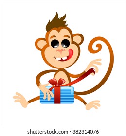 Illustration monkey. Monkey unpacks the gift