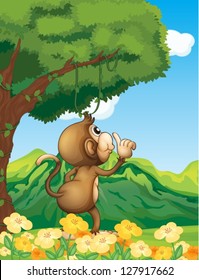 Illustration of a monkey wondering in the forest