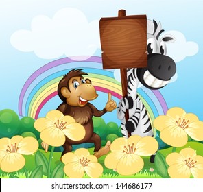 Illustration of a monkey and a zebra at the garden with an empty board