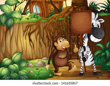 Illustration of a monkey and a zebra holding an empty wooden signboard in the forest