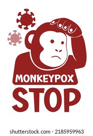 Illustration of the monkeypox virus. The face of the monkey as a symbol. Icon of smallpox and outbreak of a new infectious disease. Flat vector.