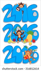 Illustration of monkeys for the holiday.Seamless vector background with funny monkeys with gifts on the figures. The year of the monkey with fruit.