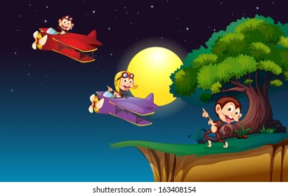 Illustration of the monkeys on a plane flying near the cliff