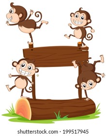 Illustration of the monkeys playing with the empty signboard on a white background