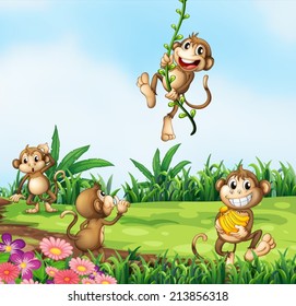 Illustration of monkeys playing in the field