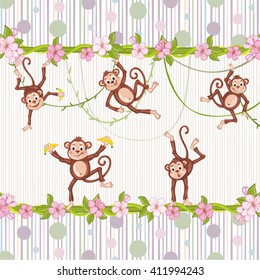 Illustration of monkeys playing .Floral background with dots