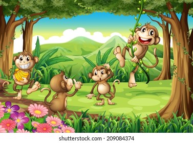 Illustration of monkeys playing in the forest