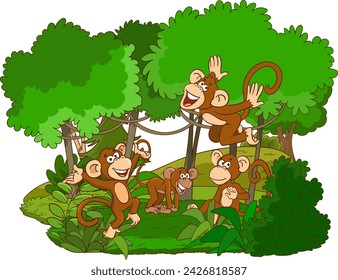 Ilustración de monos jugando en el bosque