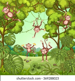 Illustration of monkeys playing in the jungle