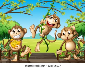 Illustration of monkeys at the wooden bridge