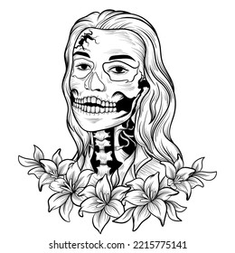 illustration monochrome art girl skull with flower t-shirt design