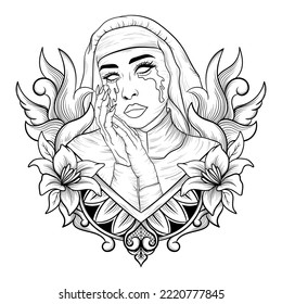 illustration monochrome art the nun with engraving flower tattoo and tshirt design