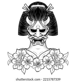 illustration monochrome art onimask geisha character design