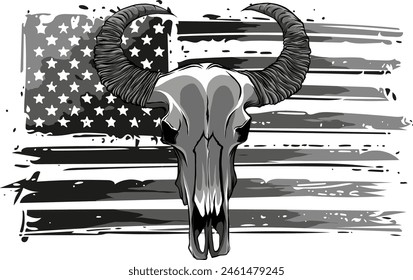 Ilustración del cráneo monocromo de búfalo en la bandera americana. Elemento de diseño para logotipo, etiqueta, signo, emblema. Ilustración vectorial