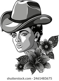 illustration Monochrome cowgirl head with flower decoration