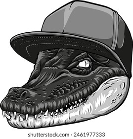 illustration of monochrome Crocodile head with hat