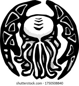illustration of monochrome Cthulhu, vintage graphics for t-shirt, tattoo  designs
