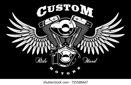 Illustration with monochrome engine of motorcycle with wings. Vintage style. VERSION FOR DARK BACKGROUND. Text is on the separate layer.