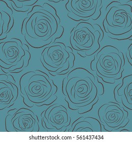 Illustration of monochrome floral decoration. Seamless vector pattern with brown and blue roses dashed silhouette. Design of flowers in vintage style.