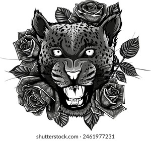 Ilustración Cabeza de leopardo monocromo con rosa alrededor