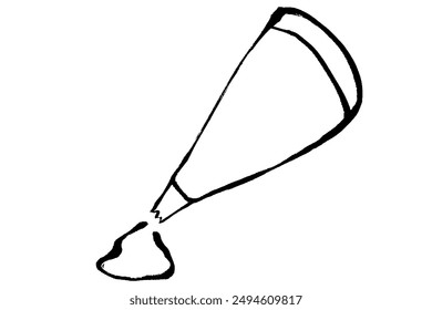 Illustration of monochrome line drawing of squeezing whipped cream with a touch of brush