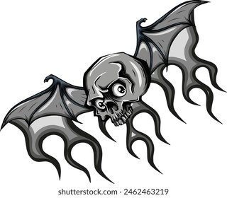 illustration of monochrome skull with bat wing on flames