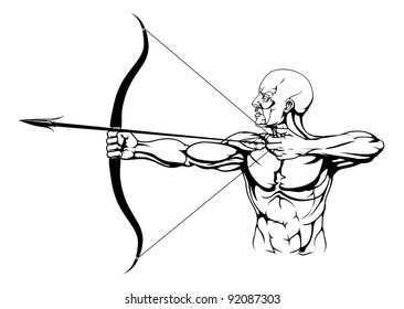 Illustration of monochrome strong archer with bow and arrow