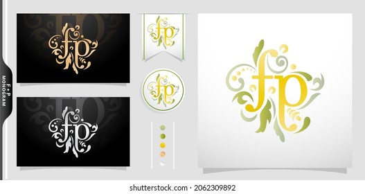 illustration of a monogram FP or PF, Set of label initial FP or PF letter with floral ornament pattern. applicable for letterpress, embroidery, invitation wedding monogram, and sign.