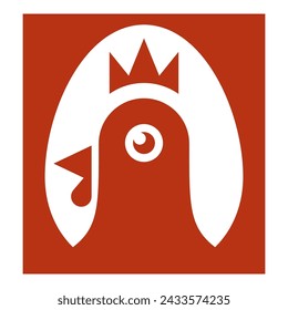 illustration of a monogram icon logo of an egg as negative space and a chicken's head in red