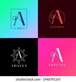 ILLUSTRATION MONOGRAM  LETTER A TEMPLATE WITH FEMININE COMMON NAMES. GOOD FOR WEDDING, LABEL, INVITATIONS 