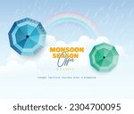 Illustration for Monsoon Huge Offer or Sale with creative design , umbrella, clouds, water drops.
