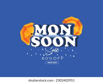 Illustration for Monsoon Huge Offer or Sale with creative design , umbrella, clouds, water drops. 