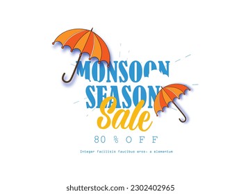Illustration for Monsoon Huge Offer or Sale with creative design , umbrella, clouds, water drops. 