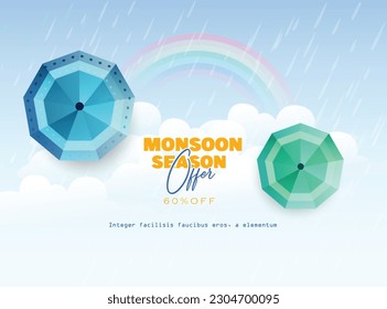 Illustration for Monsoon Huge Offer or Sale with creative design , umbrella, clouds, water drops.