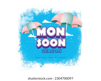 Illustration for Monsoon Huge Offer or Sale with creative design , umbrella, clouds, water drops.