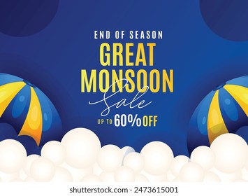Illustration for Monsoon Huge Offer or Sale with creative design , umbrella, clouds, water drops.