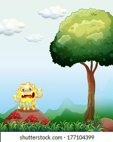 Illustration of a monster above the rock near the tree