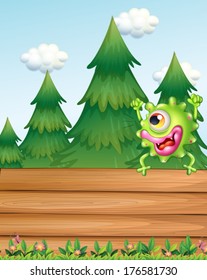Illustration of a monster above the wooden signboard