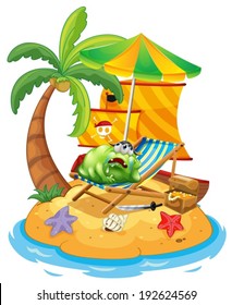 Illustration of a monster at the beach on a white background