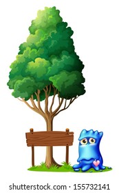 Illustration of a monster beside the empty signboard under the tree on a white background