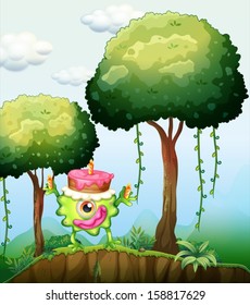 Illustration of a monster carrying a cake in the forest