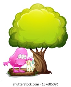 Illustration of a monster and a cat under the tree on a white background